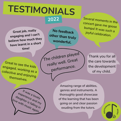 A collection of feedback in speech bubbles from audiences of our concerts in December. The text at the top reads ‘TESTIMONIALS 2022’ The Southwark Music green logo is at the bottom right of the image.