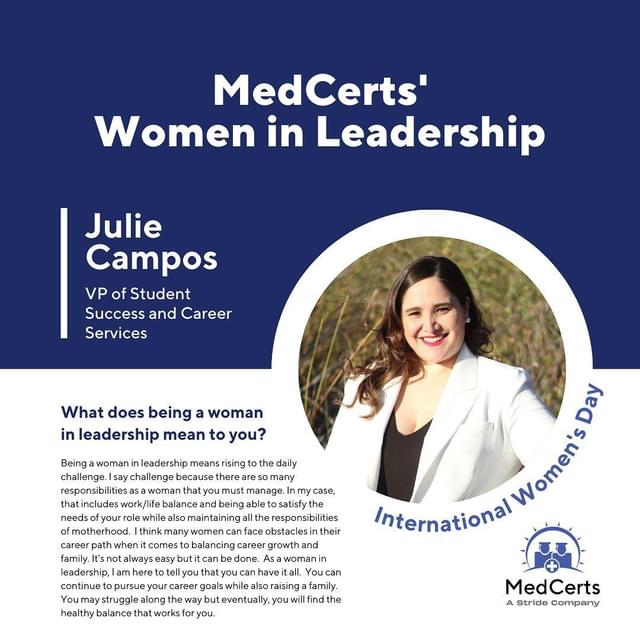 Happy International Women’s Day! Today we are honored to highlight the incredible women in leadership roles at MedCerts. Our team took time to share what being a woman in leadership means to them.

To all women in our workforce, you're making a difference in building more workforce equality every day just by being you! We appreciate you and the important work you do.

#internationalwomensday #IWD2023 #TeamMedCerts #womenleaders #womenleadership #womeninleadership