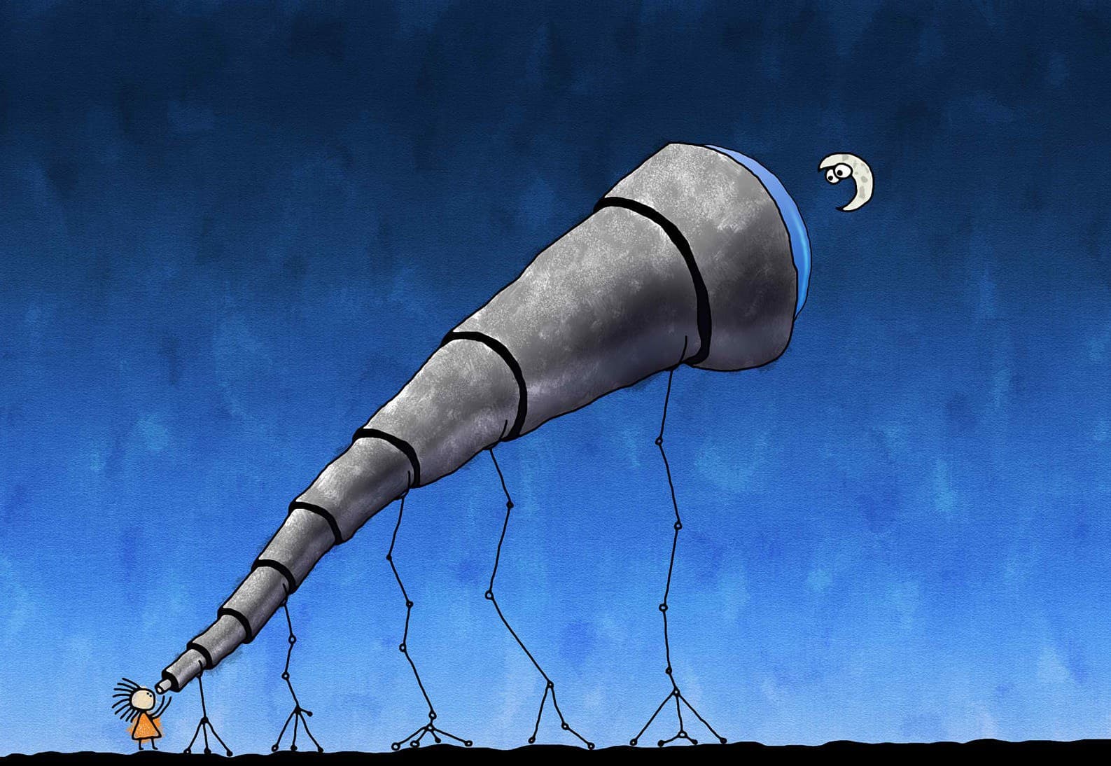 Telescope cartoon, oversized telescope on horizon