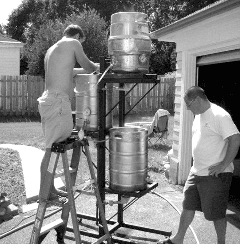 A black and white photo of co-founders Daniel and David Kleban homebrewing in their garage.