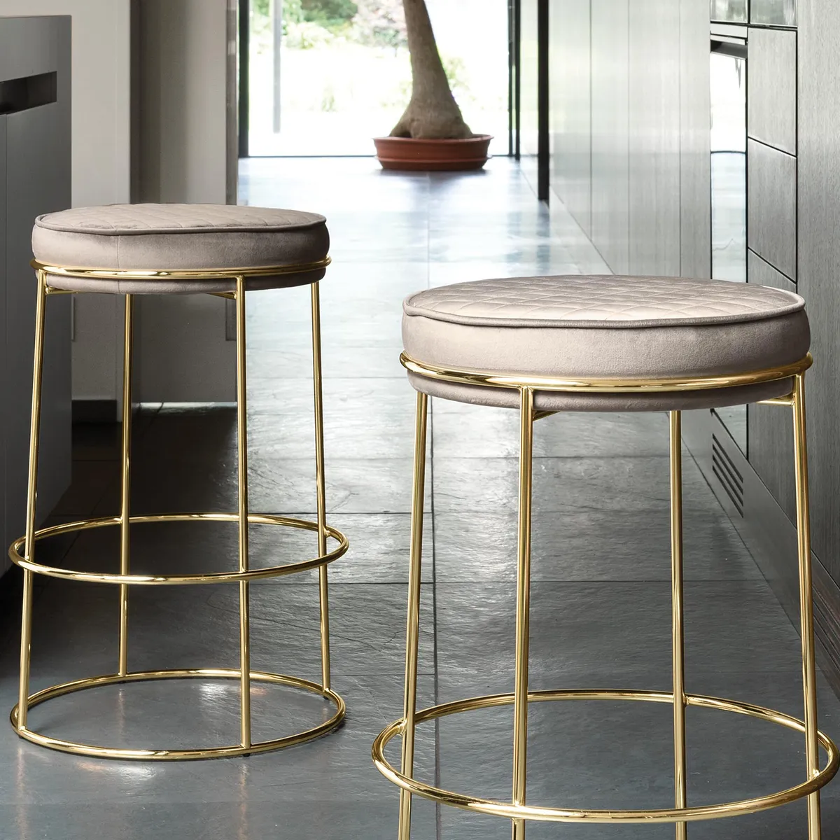 Atollo Bar Stool Brass And Velvet Inside Out Contracts