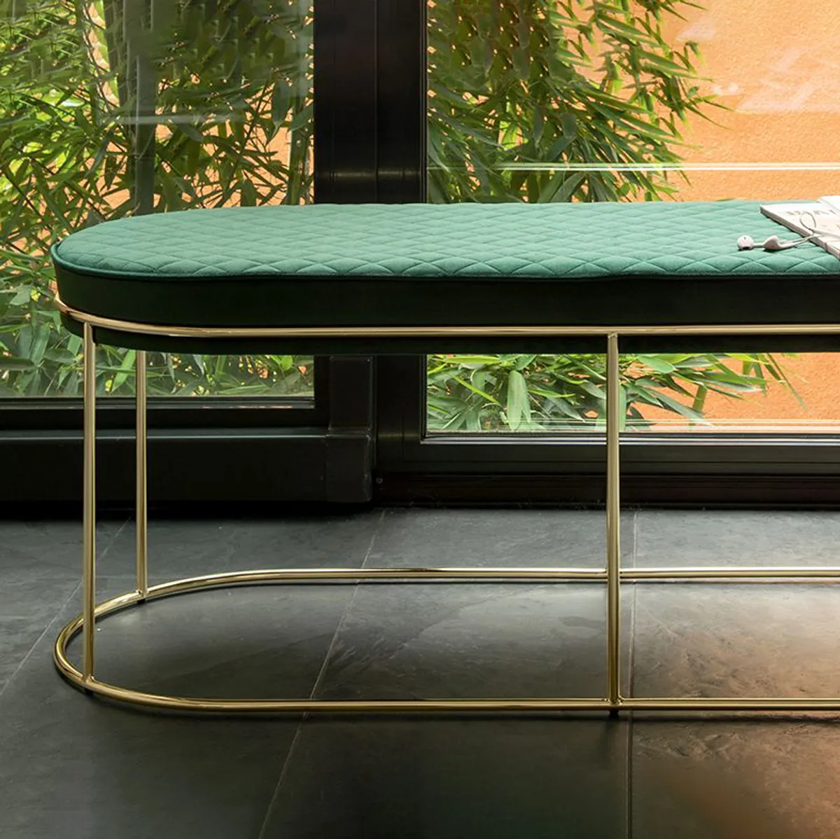 Atollo Bench Velvet Green And Brass Inside Out Contracts