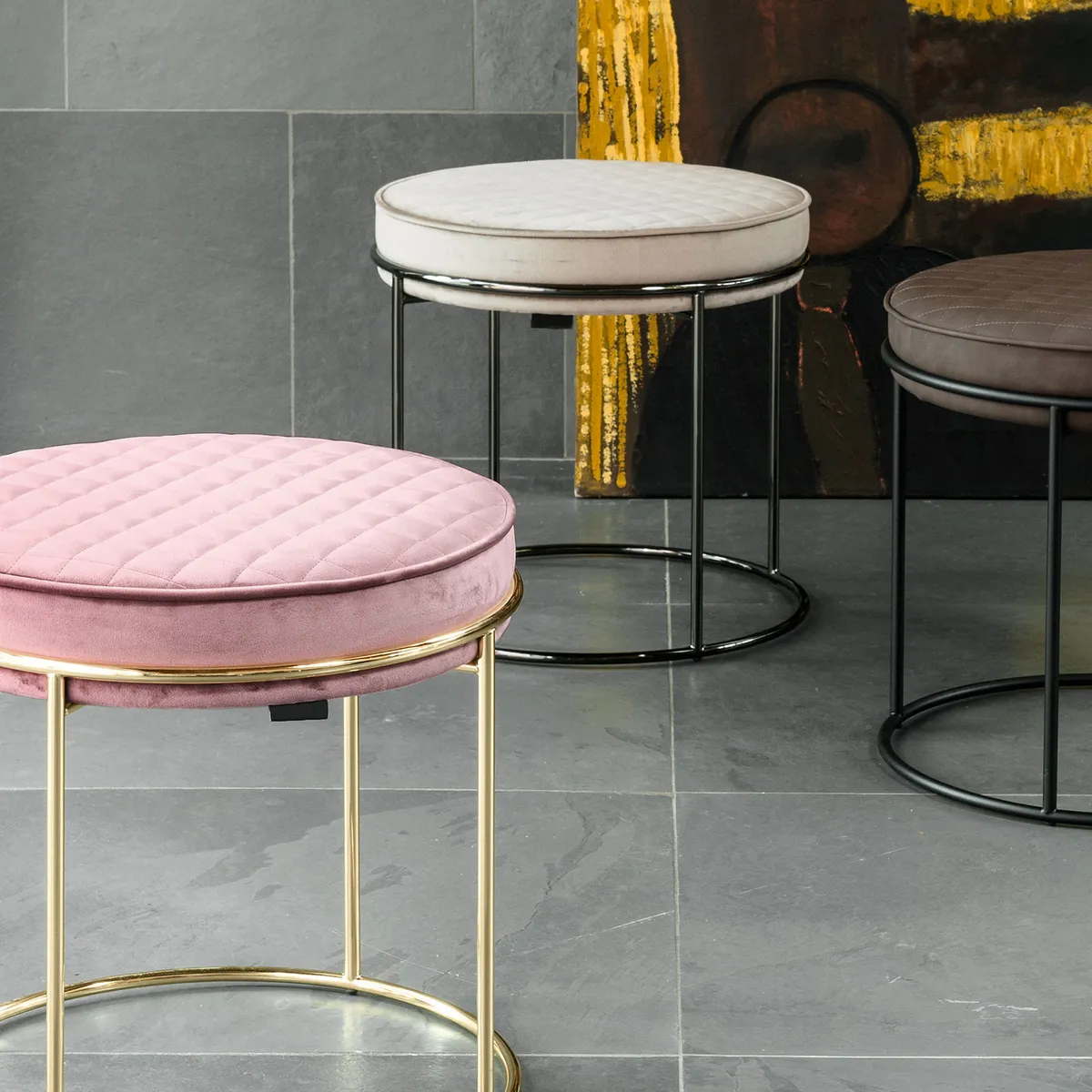 Atollo Low Stool Velvet Brass Inside Out Contracts