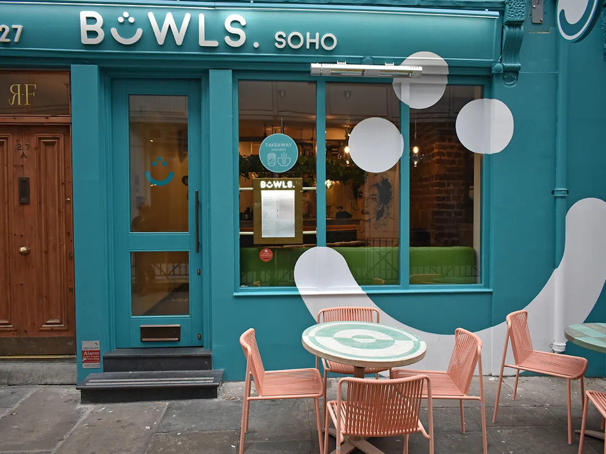 Bowls soho restaurant with outdoor furniture and recycled table tops by insideoutcontracts