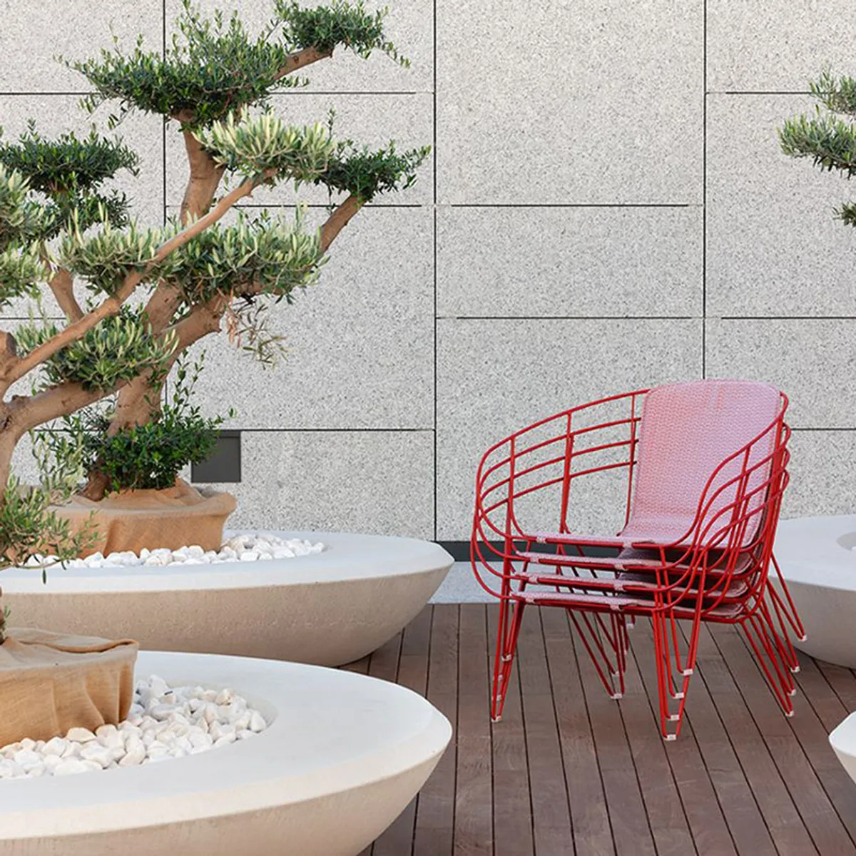Cava Lounge Chair In Red Metal With Seat Cushion Furniture For Outdoor Hotel Gardens And Hospitality Restaurants Insideoutcontracts