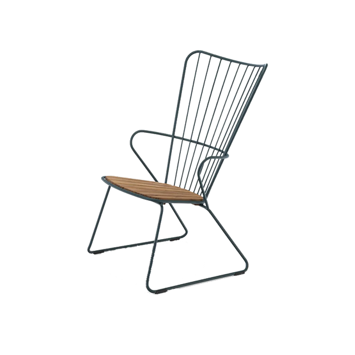 Web Plumage High Back Chair In Green Metal With Bamboo Seat For Outdoor Use