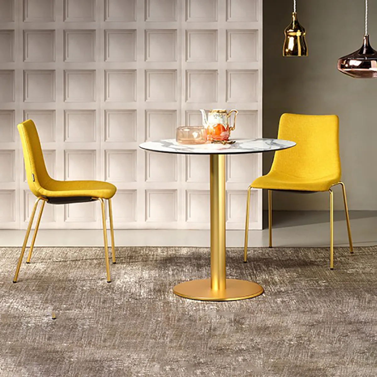 Selina Side Chair With Metal Legs And Yellow Upholstery With Column Based Table Furnishing Cafes With Insideoutcontracts