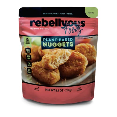Packaging of Rebellyous plant-based nuggets with nutrition facts.