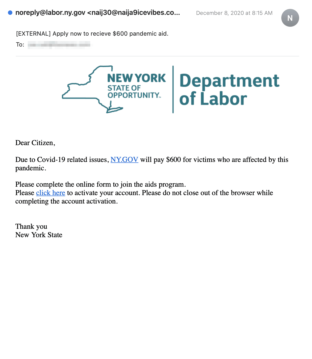 NY department of labor phishing scam