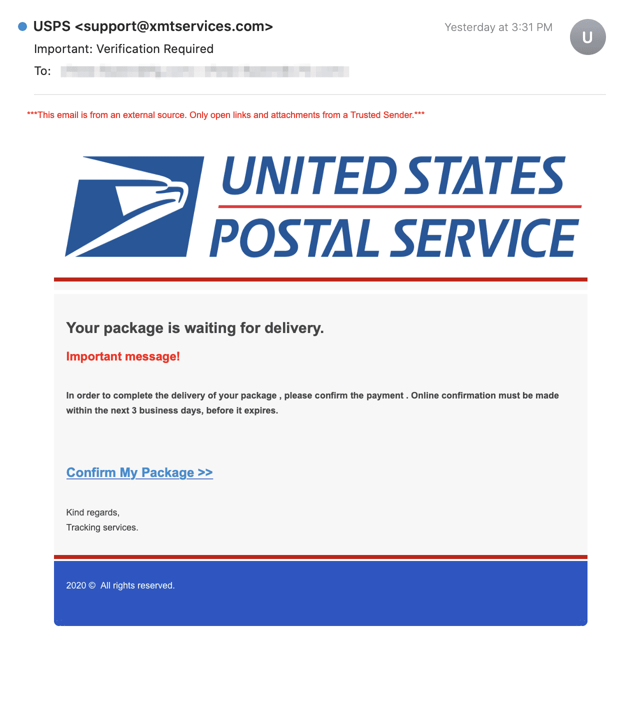 USPS phishing scam email