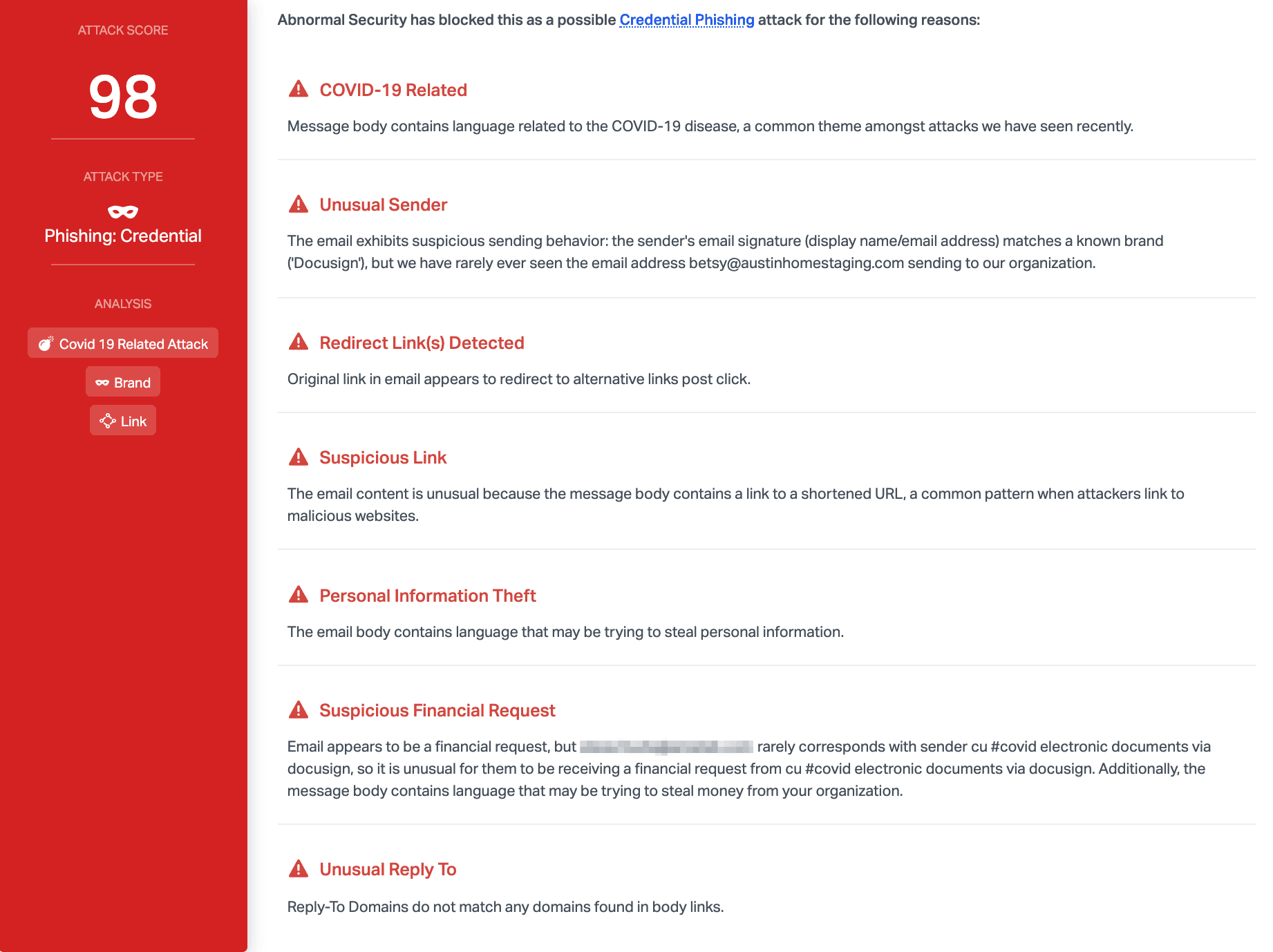 Abnormal Security detecting a phishing email impersonating DocuSign