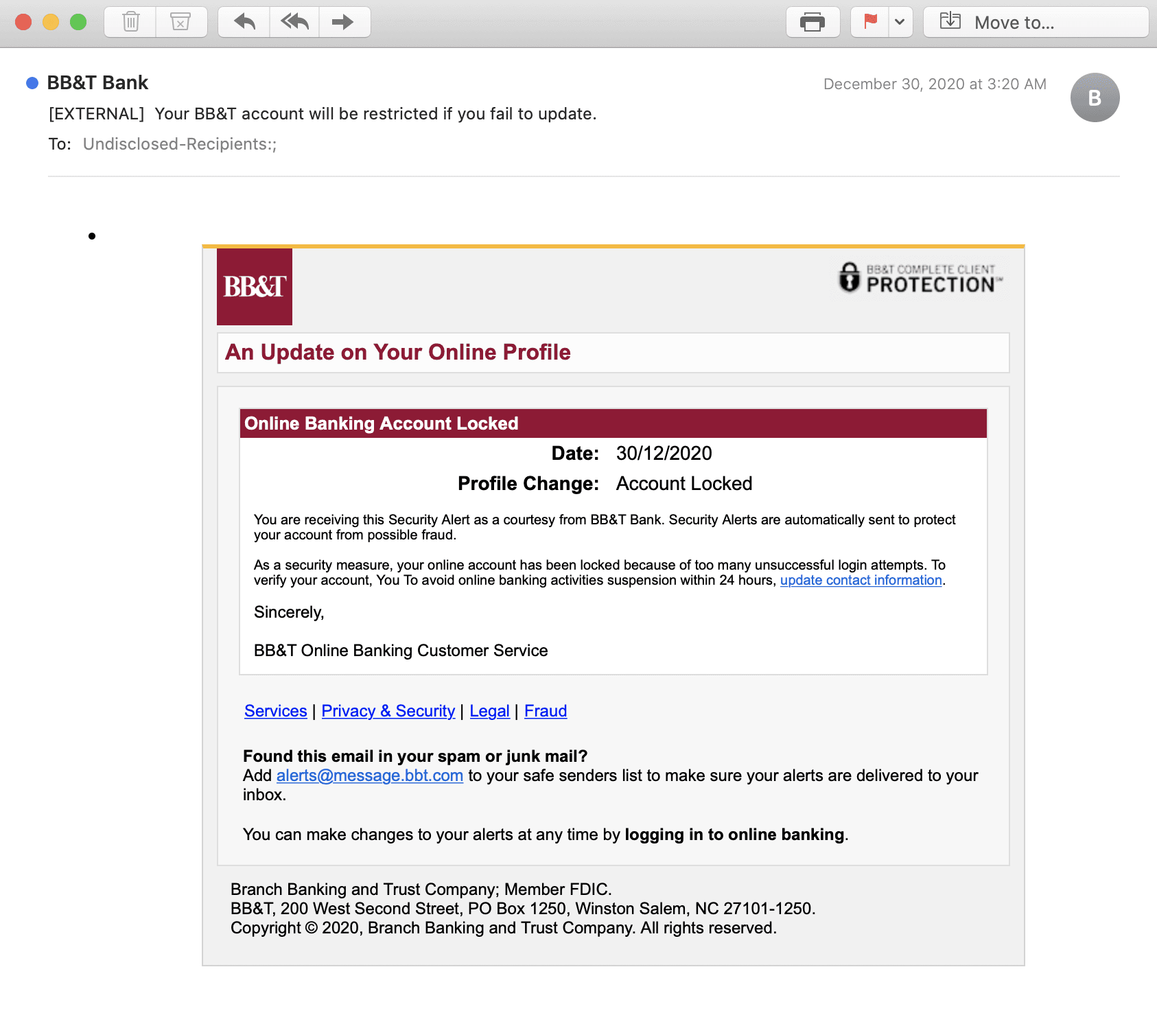 bb&t phishing email