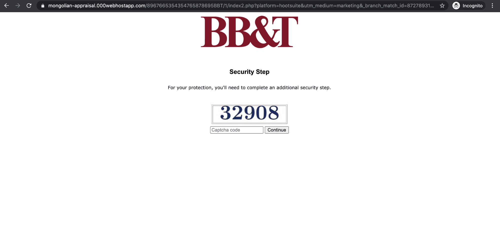 BB&T phishing attempt security step