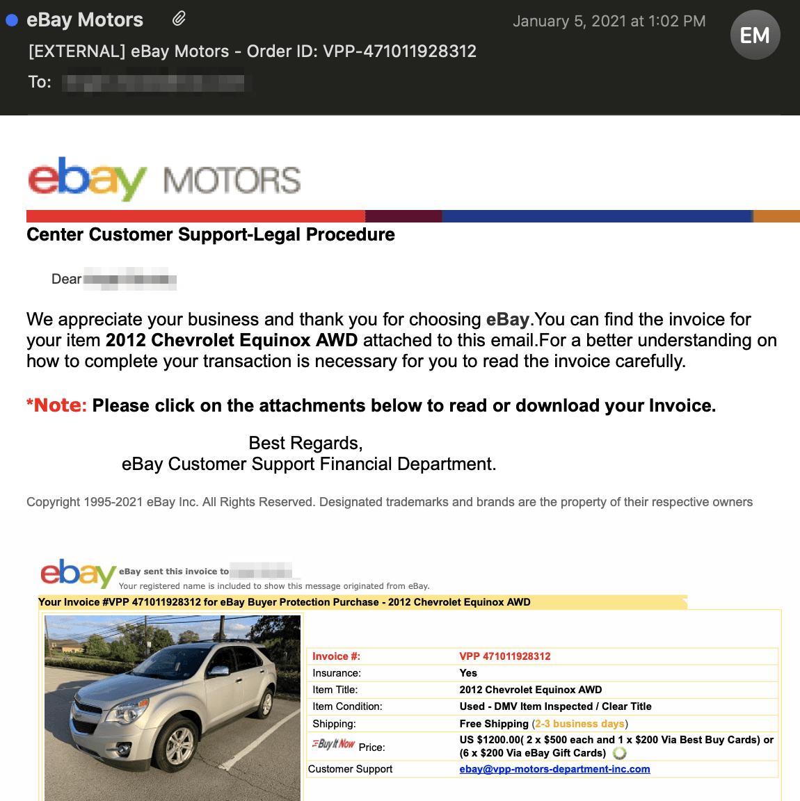 eBay Impersonated in Gift Card Invoice Attack | Abnormal Security