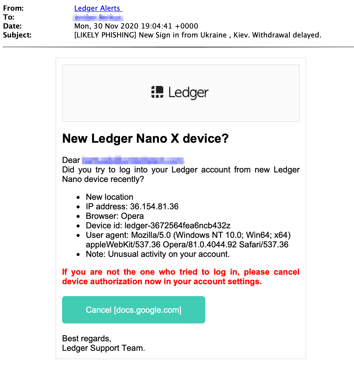 Phishing scam email impersonating Ledger