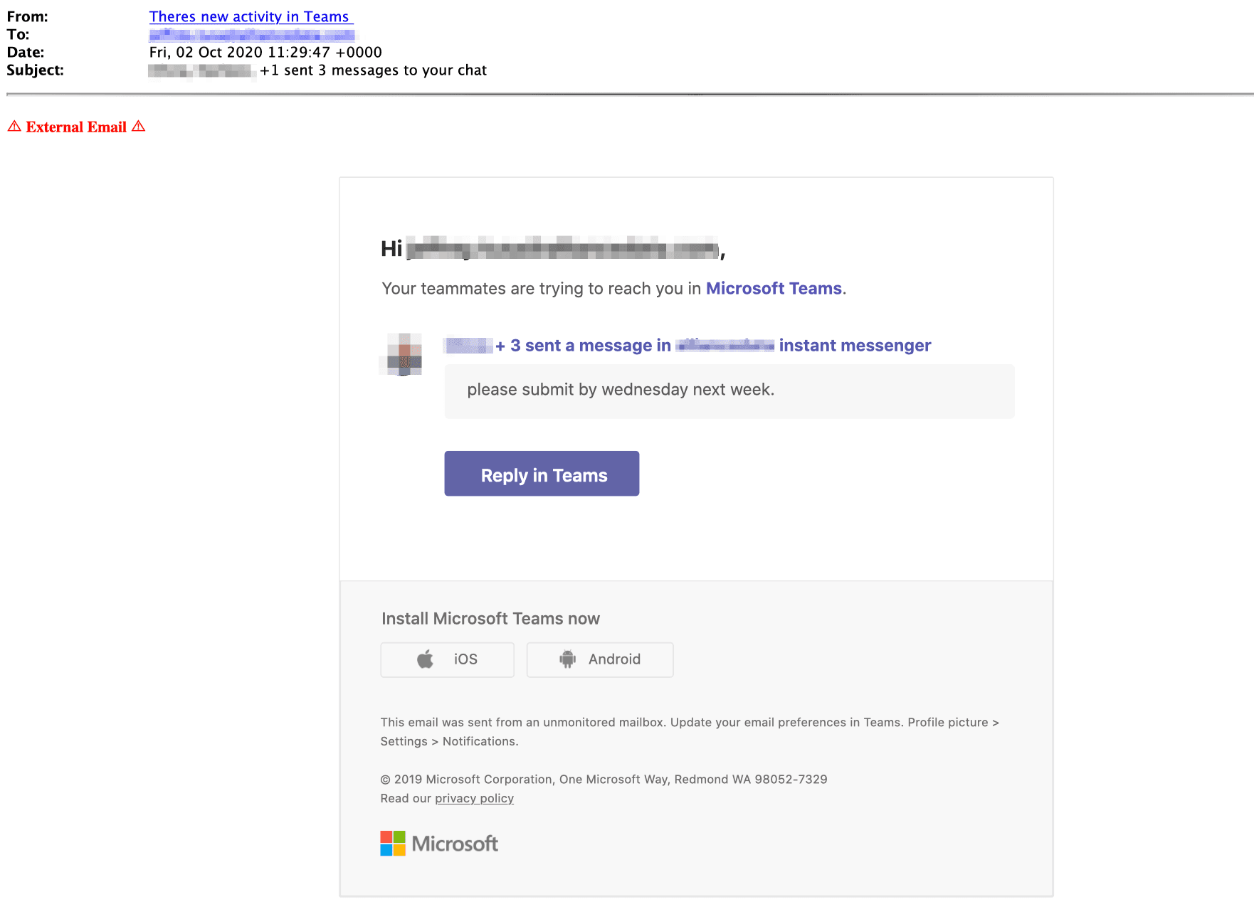 Fake Microsoft Teams email phishing