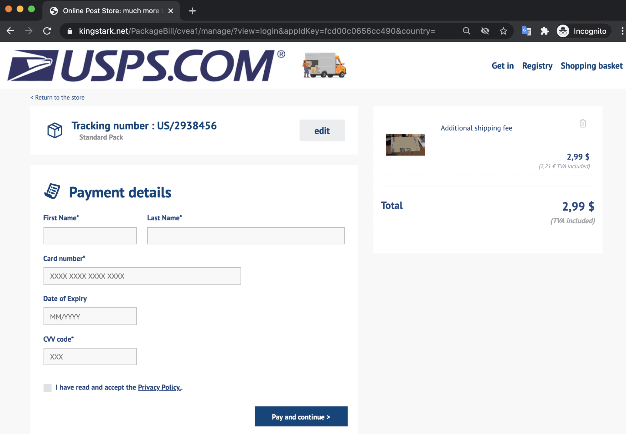 USPS phishing payment site