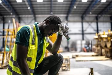 A manufacturing employee is bent over his knee with a hand on his forehead out of mental exhaustion and is having issue with his mental health.