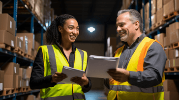 HR manager handing a manufacturing employee a new pto policy in a warehouse setting.