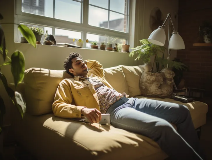 Sick employee holding phone on couch