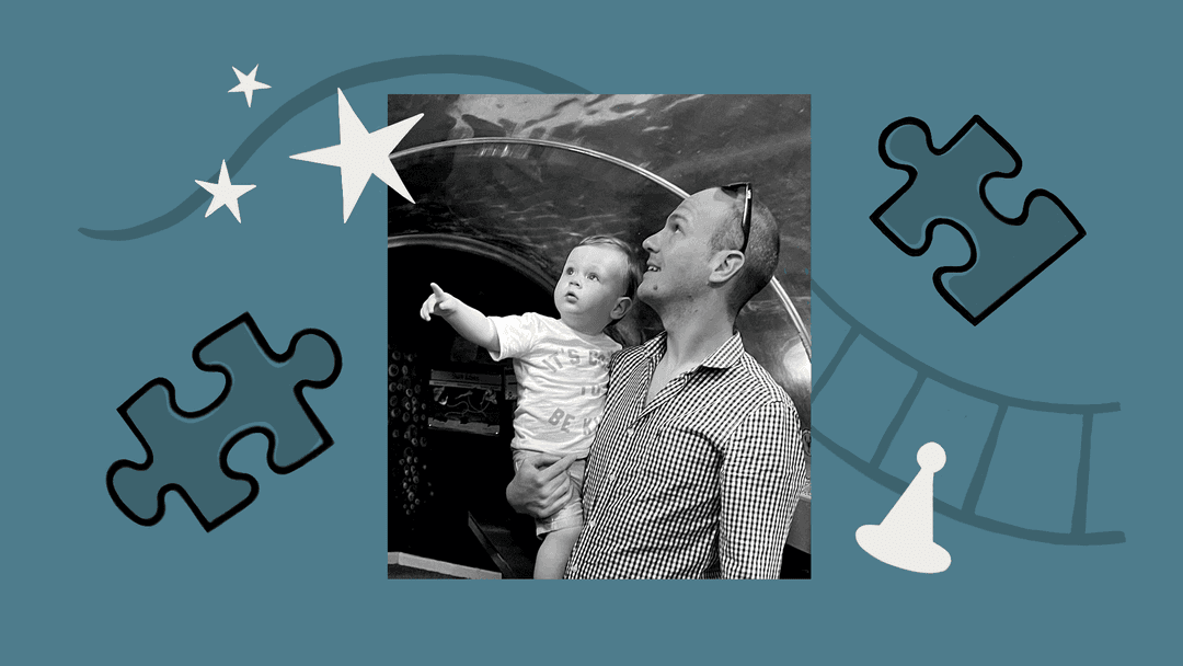 Chris Rowe and his kid with illustrations of puzzles, stars and things around them