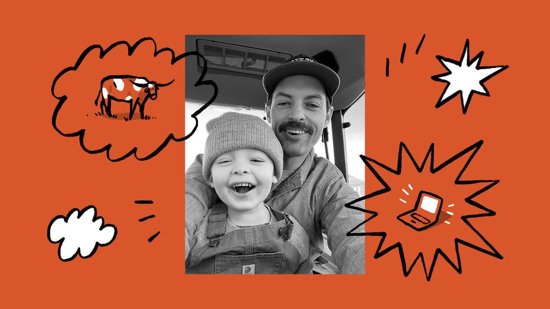 A picture of Garrett and Pruitt in a tractor with illustration of cows and computers and stars around them