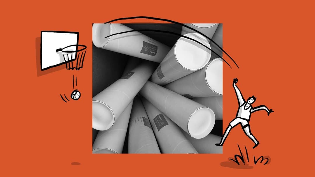 An illustration of a man playing basketball with a picture of poster packaging