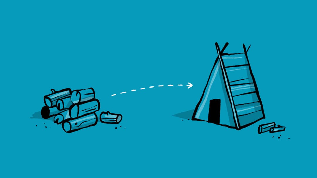 An illustration of a pile of wood transforming into a wooden building