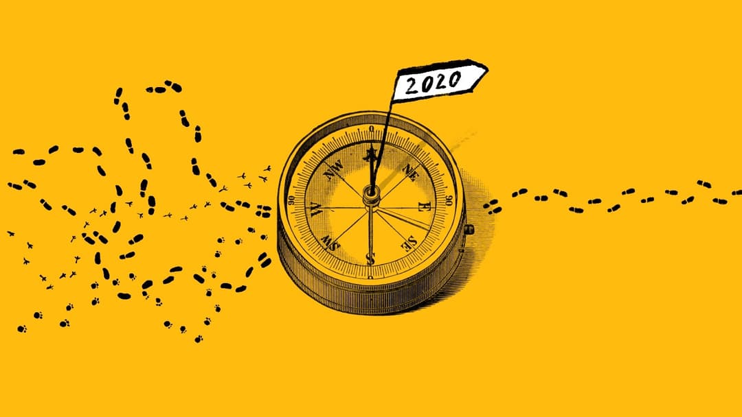 A yellow illustration of a compass with footprints to the left and right of it
