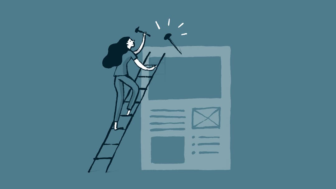 An illustration of a woman on a latter physically nailing onto a website wireframe