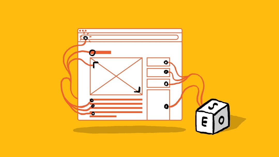 An illustration of a website wireframe connected to an SEO machine