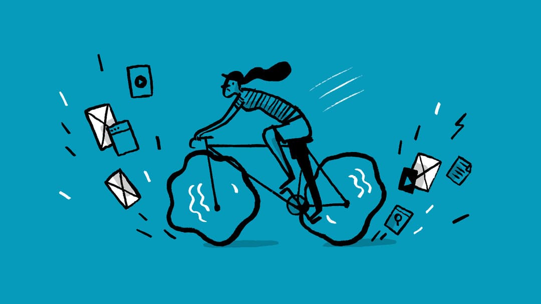 An illustration of a girl speeding through the internet on her bike