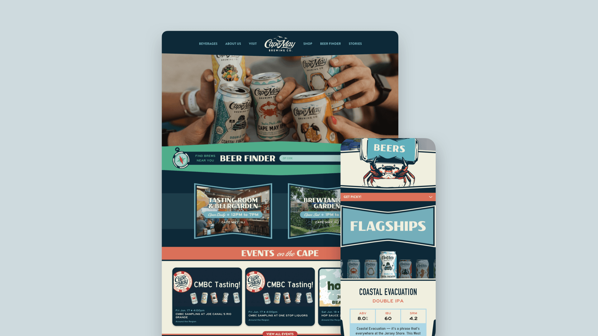 Screenshots of the Cape May Brewery website on desktop and mobile