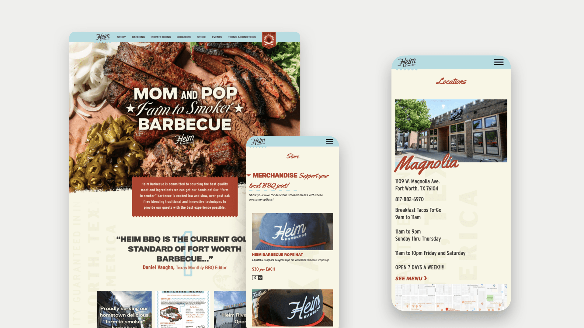 Screenshots of the Heim BBQ Website on desktop and mobile