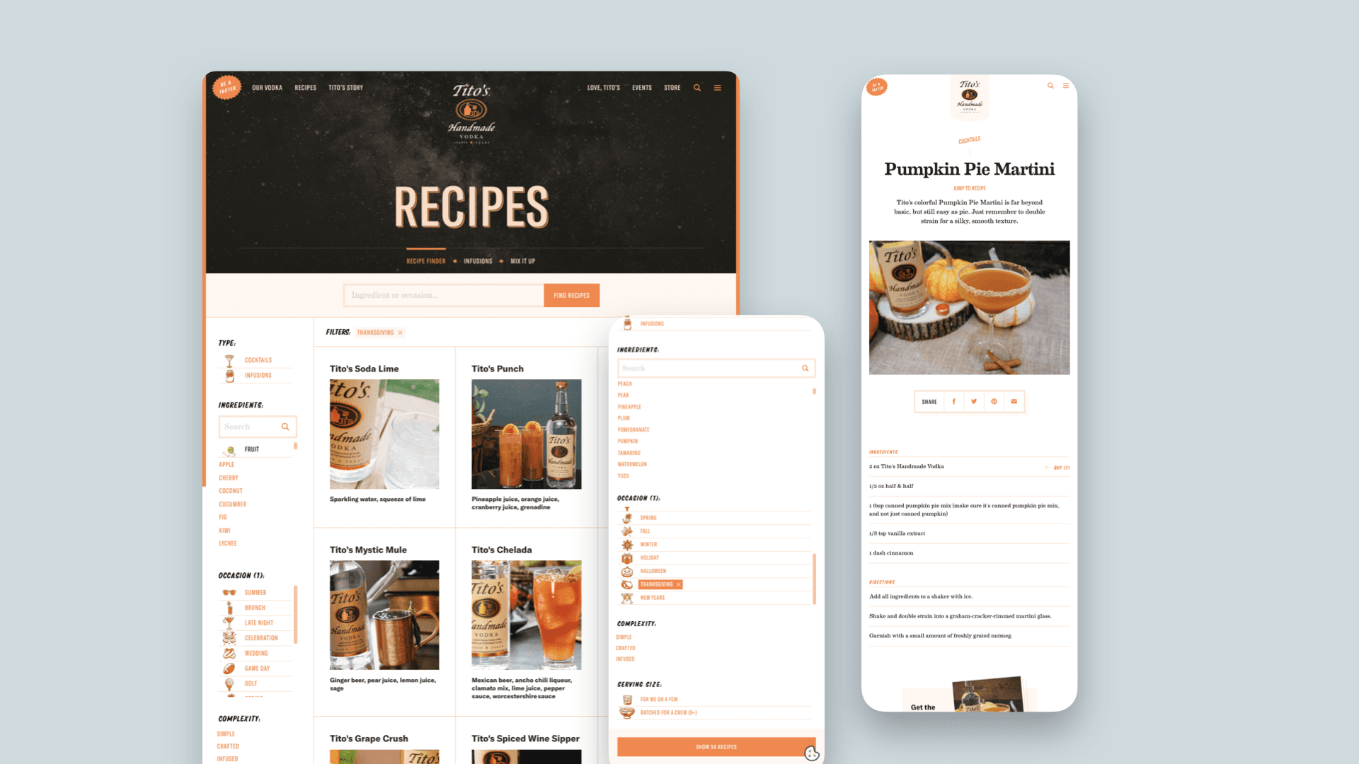 Screenshots of the Tito’s recipe finder on desktop and mobile