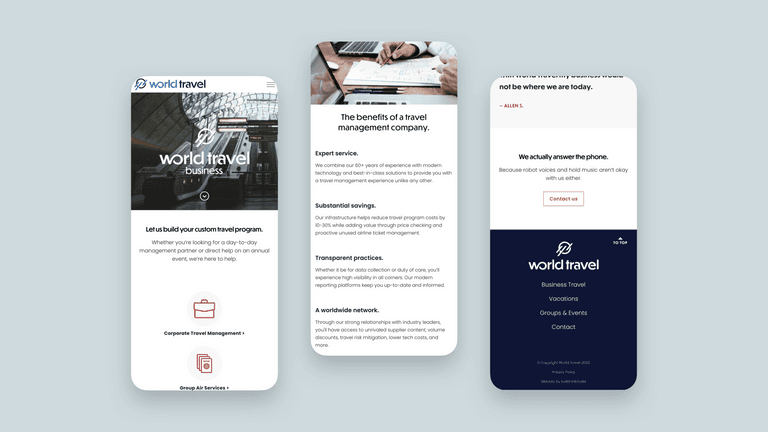 The World Travel Business landing page on mobile