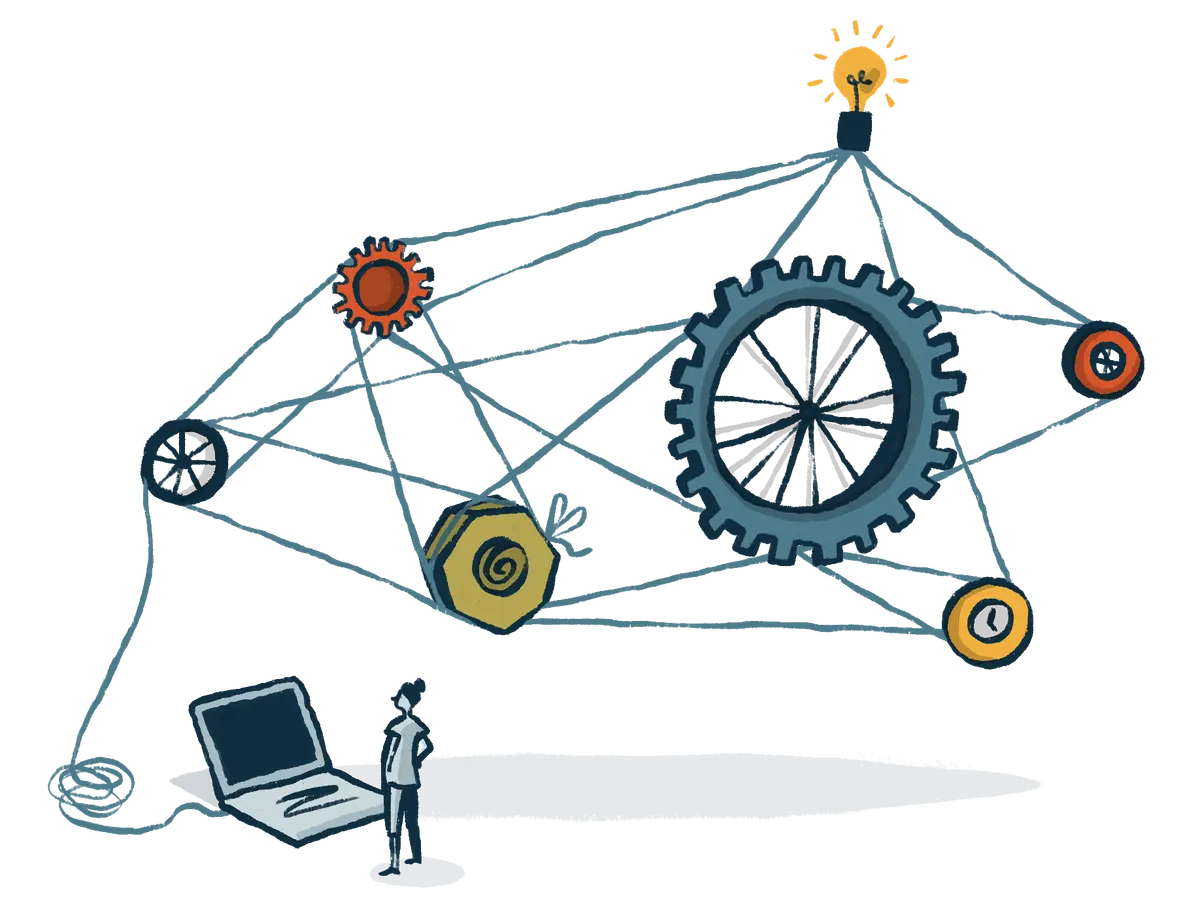 An illustration of a person with a computer hooked up to a big machine of gears