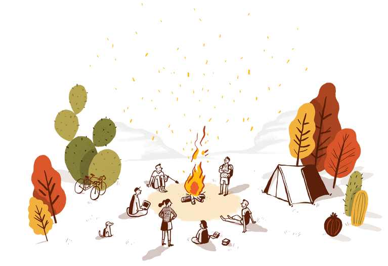 An illustration of people hanging around outside around a fire