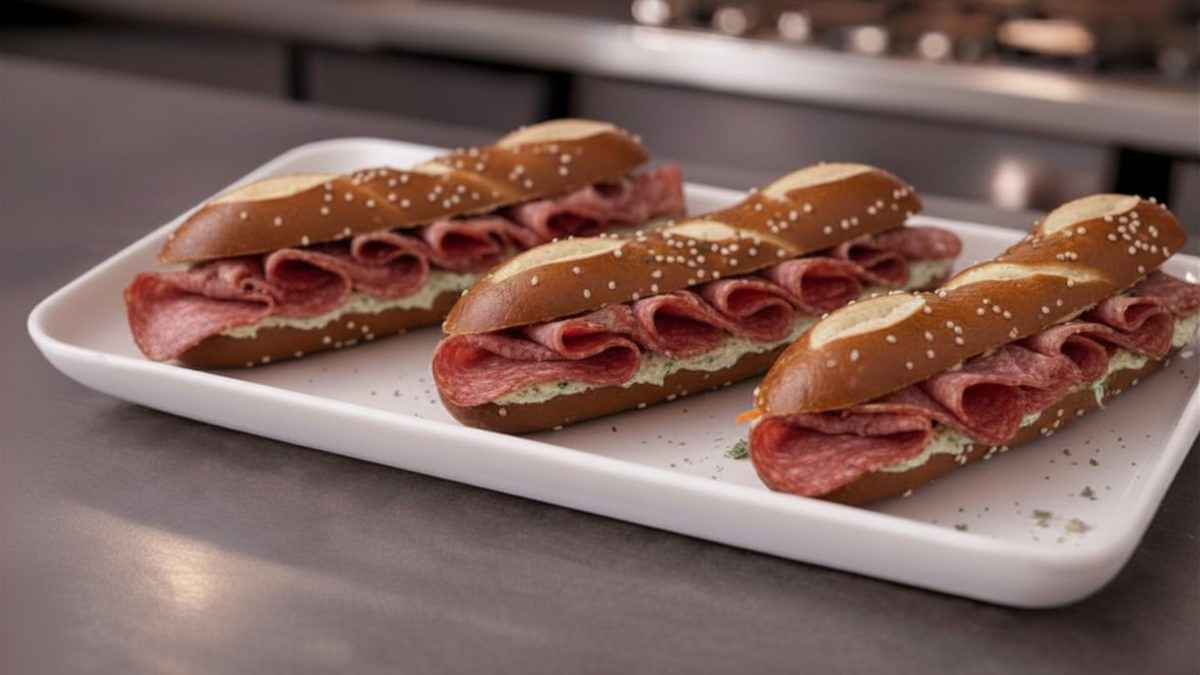 Belegte Laugenstange mit Rindersalami