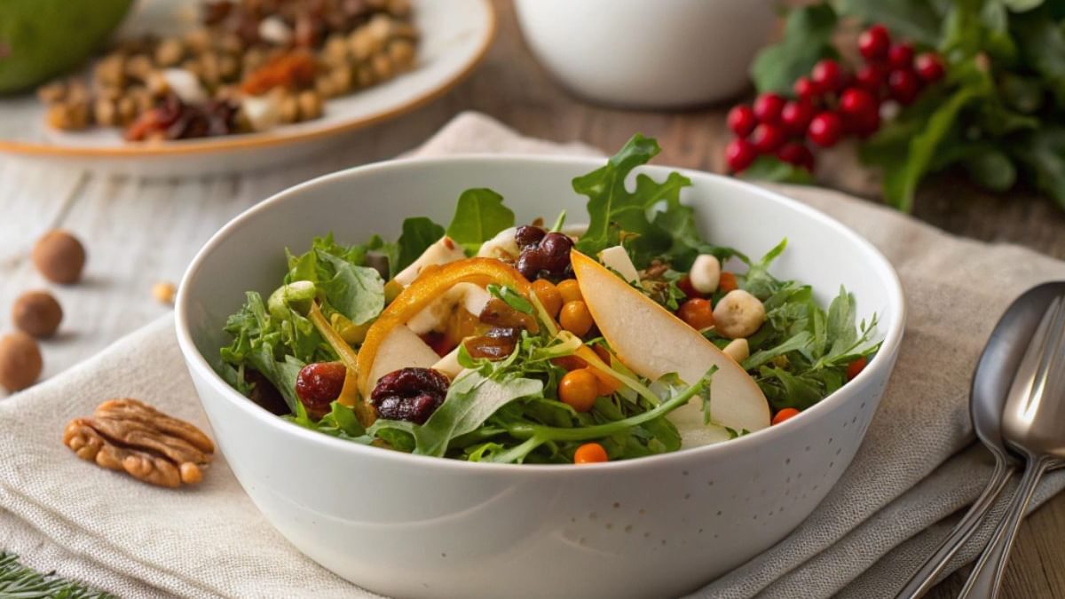 Winterlicher Blattsalat an Nüssen, Rosinen und Birnen mit Orangendressing.