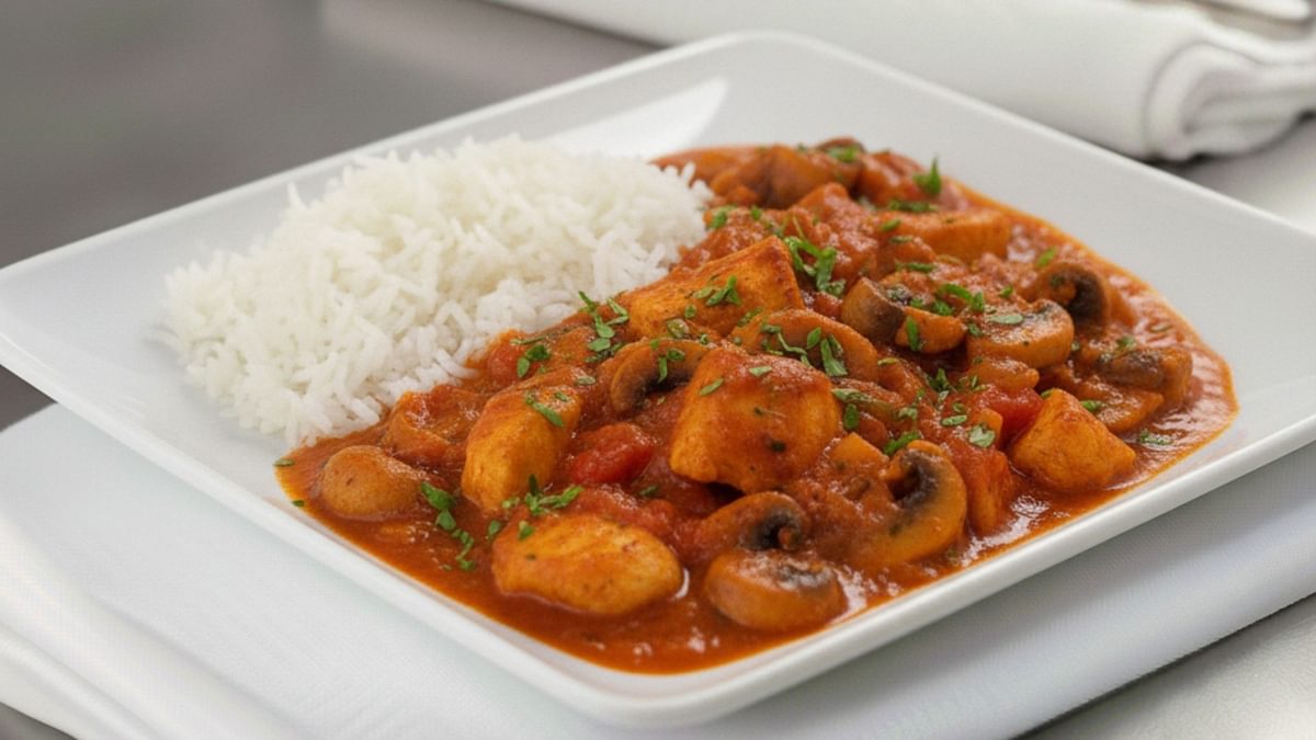 Champignonpfanne mit Hähnchen in Tomatensauce und Reis