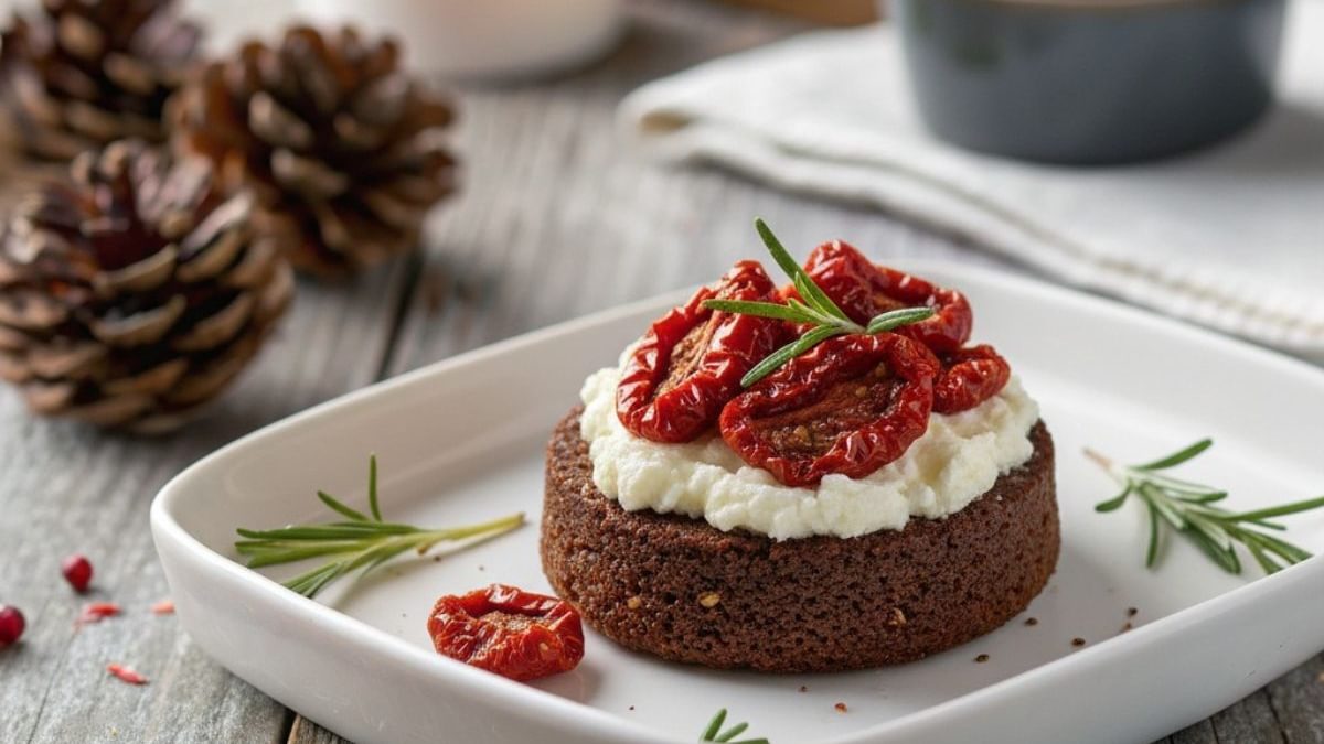 Pumpernickel-Praline mit Ziegenkäse und getrockneter Kirschtomate