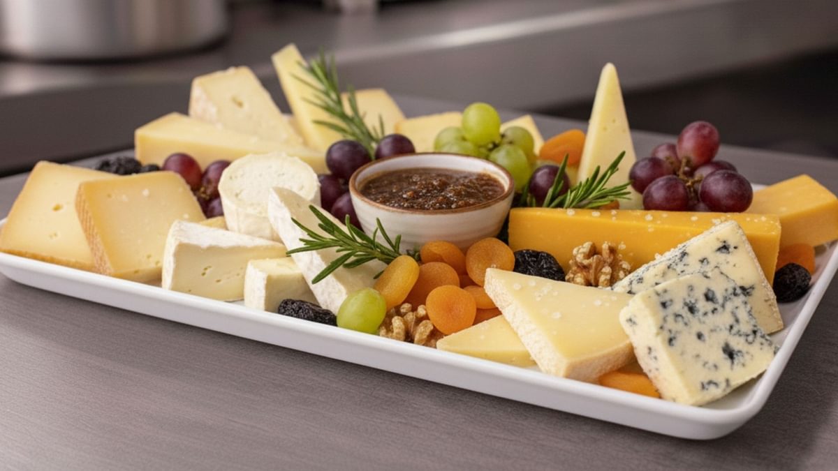 Gemischte Käseplatte mit Feigensenf, Trauben und Baguette