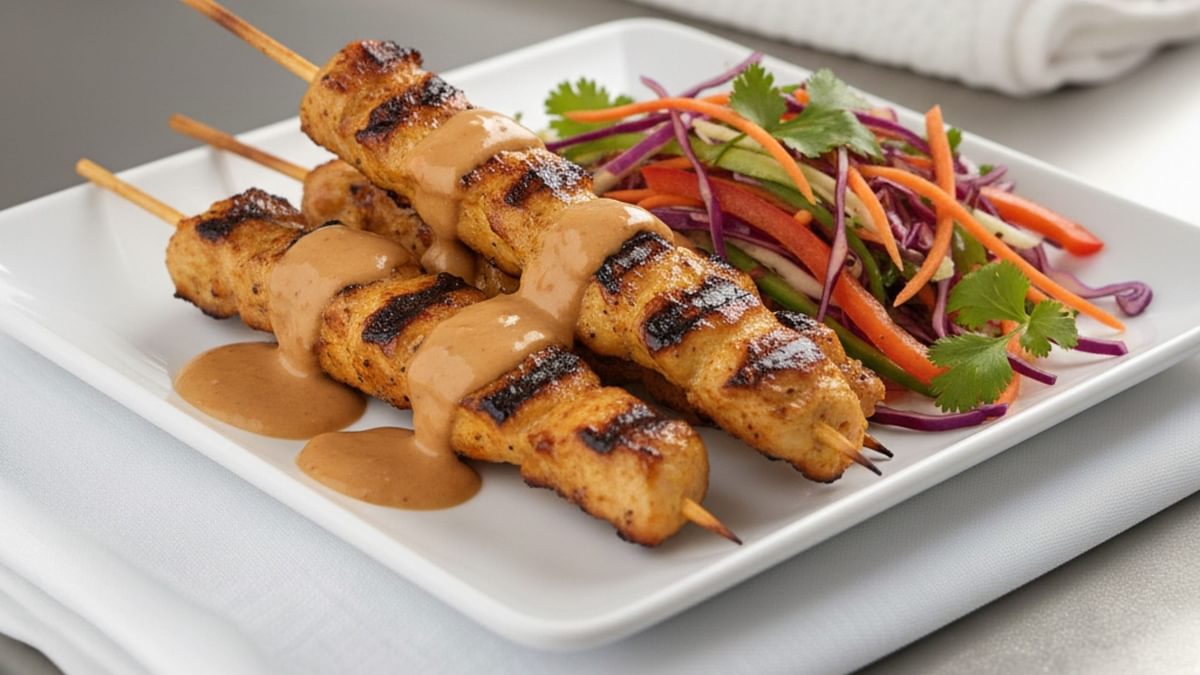 Hähnchen-Saté-Spieße mit Erdnuss-Sauce und asiatischem Rohkostsalat