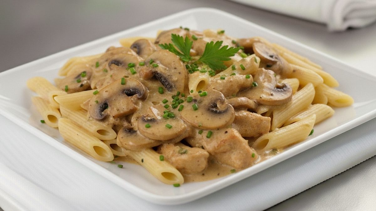 Hähnchengeschnetzeltes mit Champignon-Rahmsauce und Penne