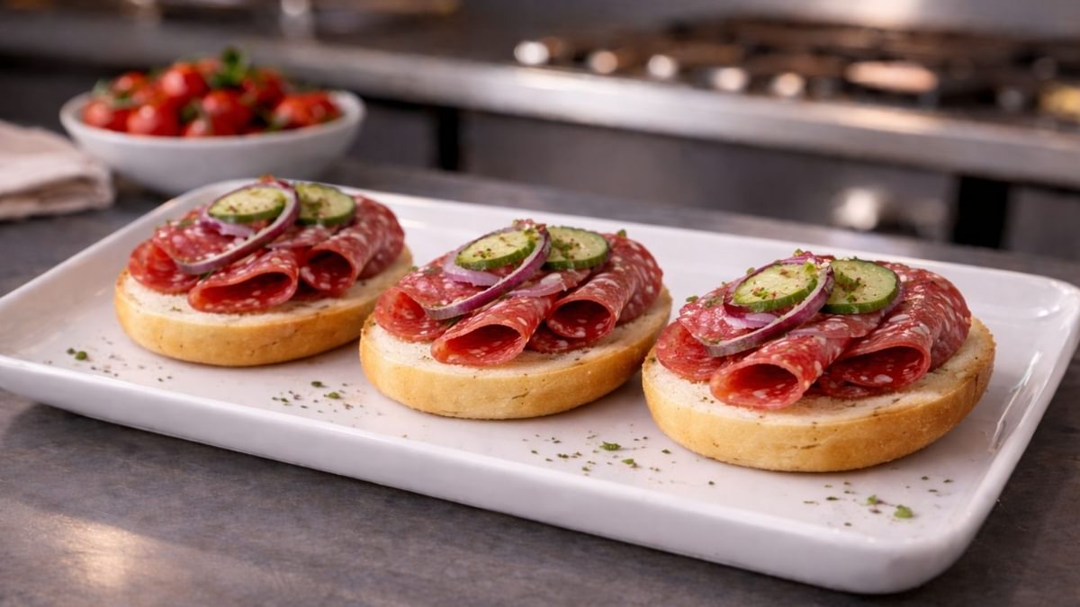 Halbe Brötchen mit Salami