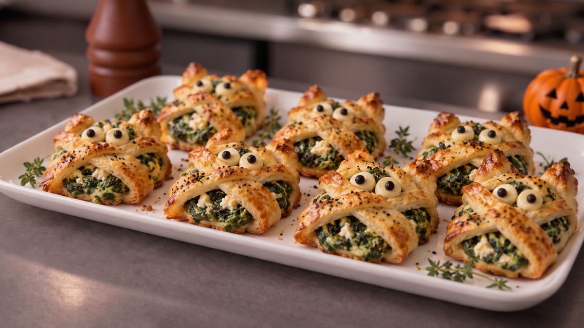 Halloween Blatterteig Happen mit Spinat Feta