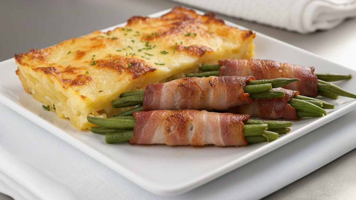 Kartoffelgratin mit Bohnen im Speckmantel