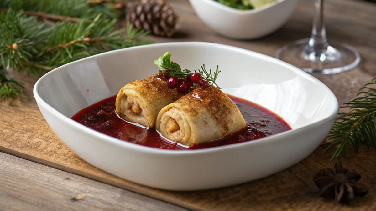 Vegane weihnachtliche Maronenwickel mit Gemüse gefüllt an Glühweinsauce