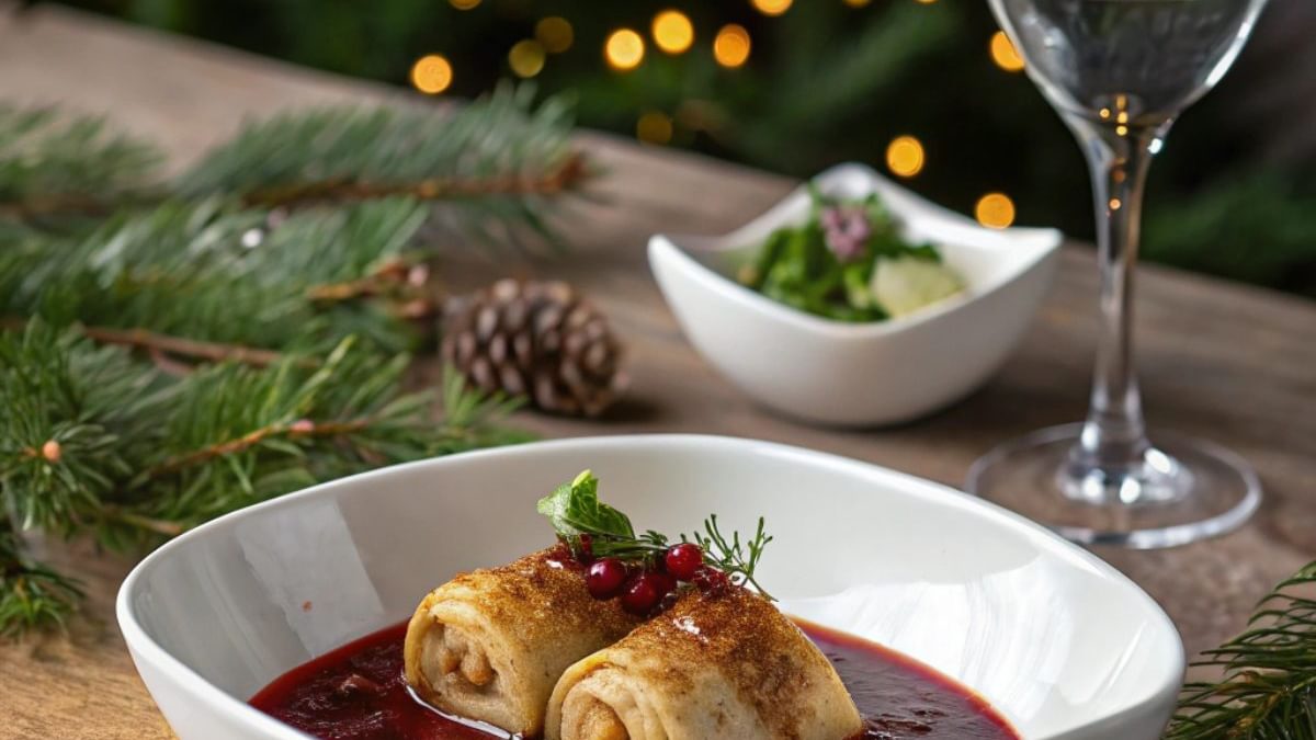 Vegane weihnachtliche Maronenwickel mit Gemüse gefüllt an Glühweinsauce